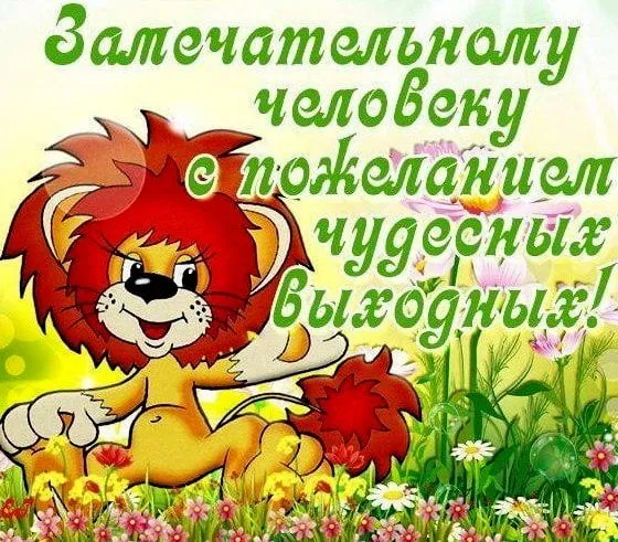 Открытка Выходные - Львёнок с цветами: отрытка с поздравлением | Красивая открытка #86