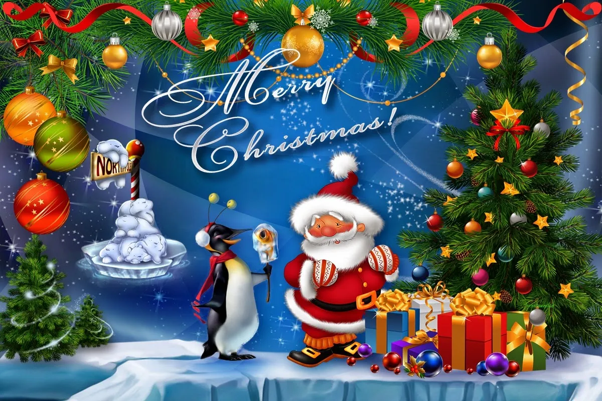 Открытка Merry Christmas - Дед Мороз и пингвин: Новогодняя открытка | Красивая открытка #33