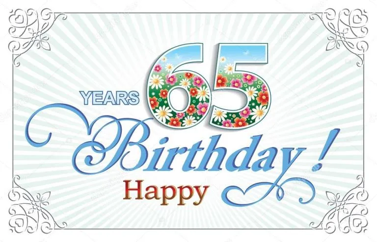Открытка Открытки на 65 лет - Открытка на 65 лет: цветы, синий шрифт, надпись Birthday | Красивая открытка #88
