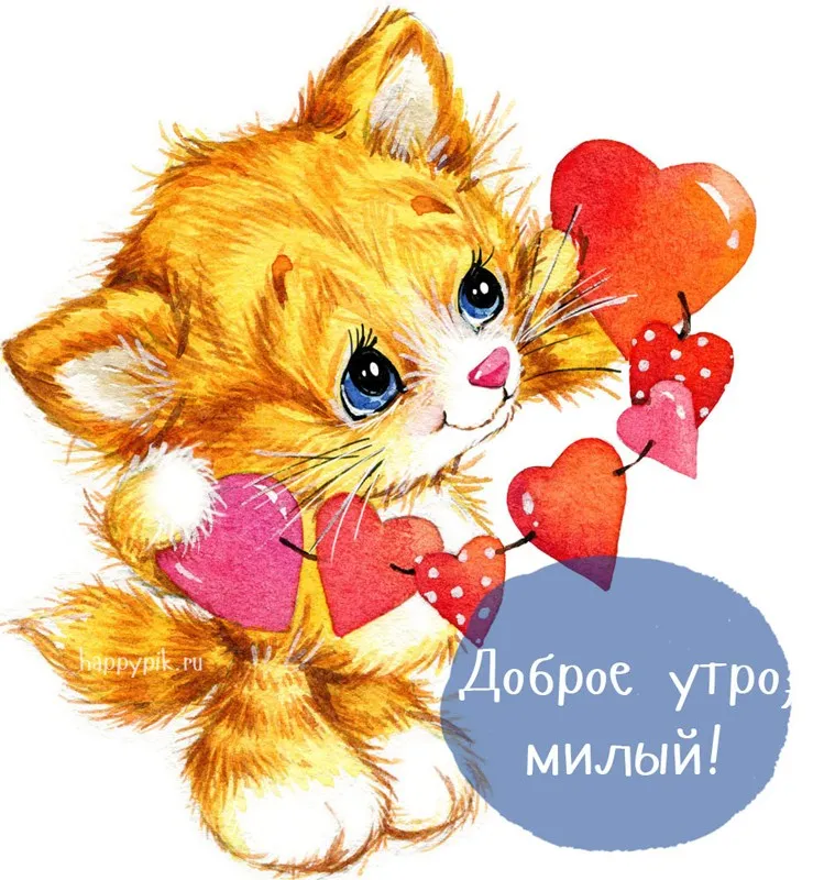 Открытка Доброе утро - Открытка с милым котенком и сердечками | Красивая открытка #452