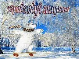 Открытка открытки с первым днем зимы  - Открытка с белым медведем на сноуборде в зимнем лесу | Красивая открытка #154