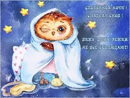 Открытка Открытки с пожеланиями на ночь - Открытка совой в пижаме и шапке | Красивая открытка #220