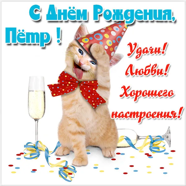 Открытка Открытки с именем Петр - С Днём рождения! Котенок с шариками | Красивая открытка #164