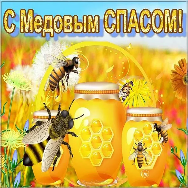 Открытка Медовый спас - Открытка с пчелами и медом  Сладкие поздравления | Красивая открытка #312