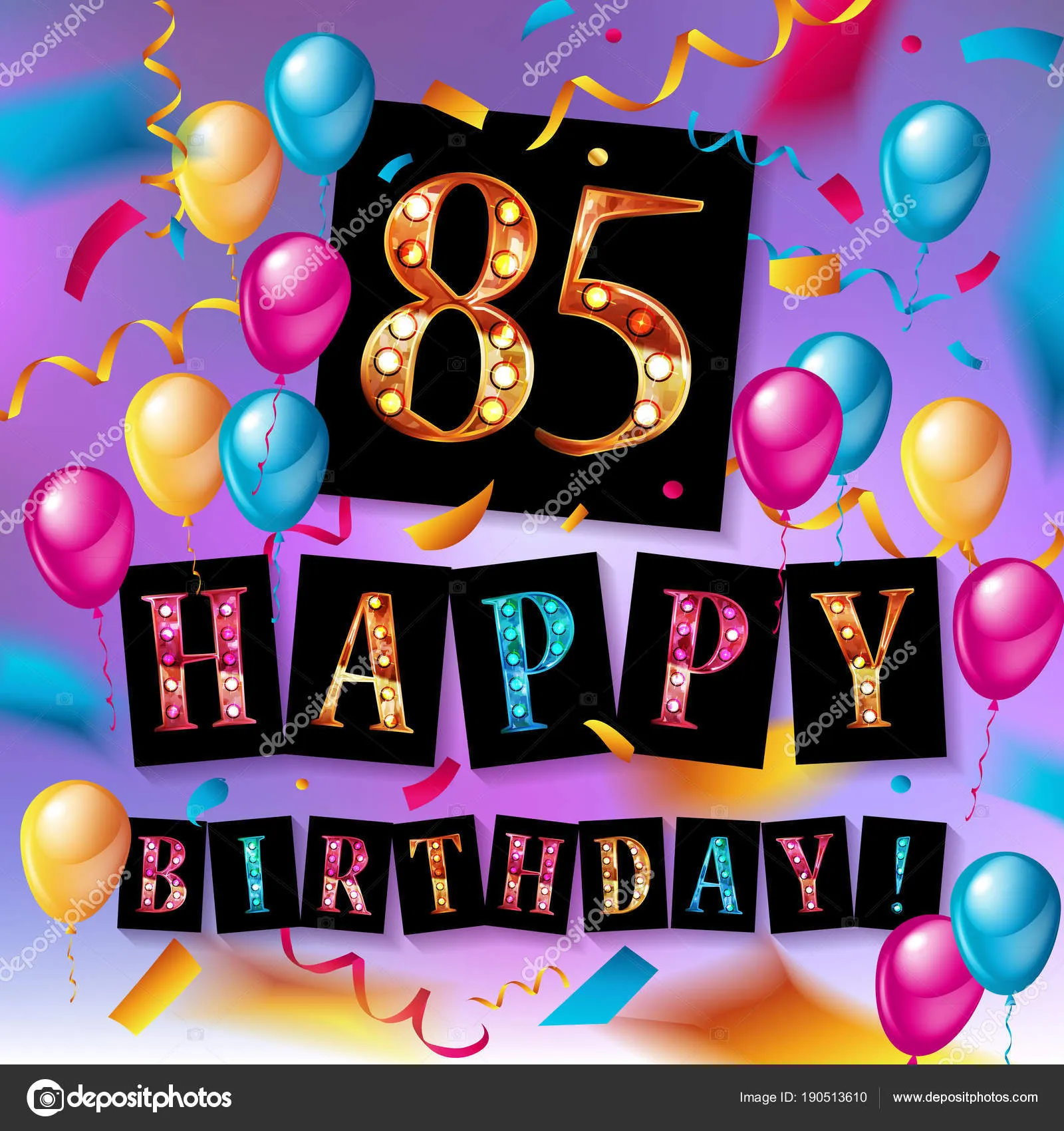 Открытка Открытки на 85 лет - Открытка с надписью "Happy Birthday" и цифрой 85 из лампочек. | Красивая открытка #15
