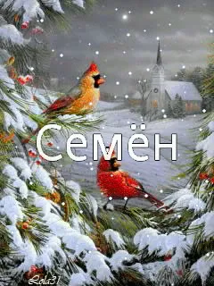 Открытка Открытки с именем Семен - Зимняя открытка: снежные птицы на фоне церкви | Красивая открытка #52