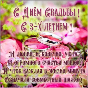 Открытка Открытки на Кожаную свадьбу 3 года - Обручальные кольца на лепестках роз - С Днем Свадьбы! | Красивая открытка #104