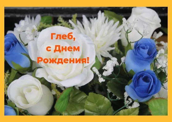 Открытка открытки с именем Глеб - Открытка с цветами: белые розы и голубые цветы | Красивая открытка #168