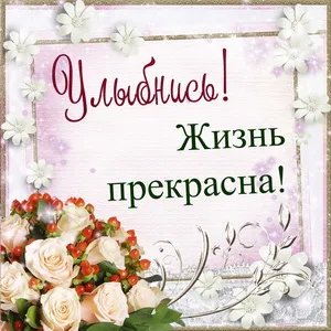 Открытка Улыбнись - Открытка с розами и надписью "Жизнь прекрасна!" | Красивая открытка #46