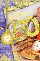 Открытка Открытки на 50 лет - Золотые часы и перо на открытке | Красивая открытка #186