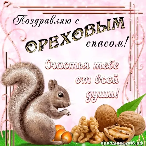 Открытка Ореховый спас - Белка с орехами: открытка с изображением лесного грызуна | Красивая открытка #147