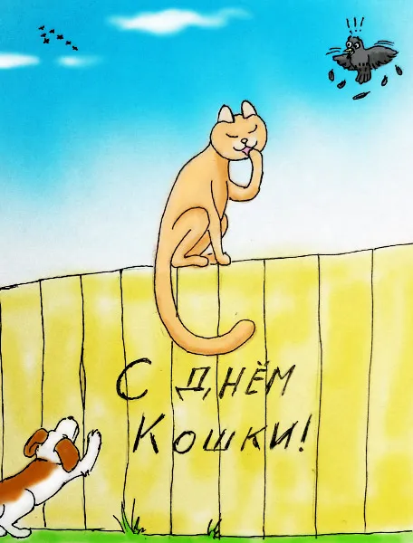 Открытка С Всемирным днём кошек - Открытка с котиком на заборе. | Красивая открытка #57