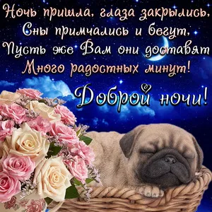 Открытка Доброй ночи - Открытка с щенком и цветами: нежная ночь | Красивая открытка #148