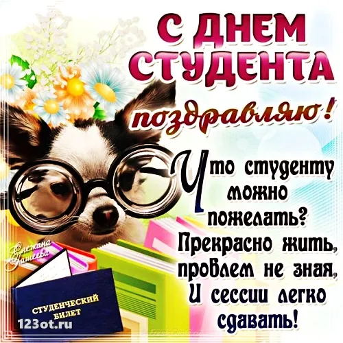 Открытка День студента - Собака в очках: открытка с днем рождения | Красивая открытка #108