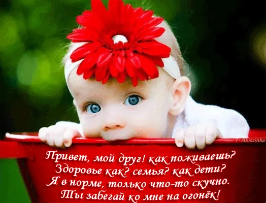 Открытка Привет другу/подруге - Ребёнок с красными цветами: милая открытка | Красивая открытка #24