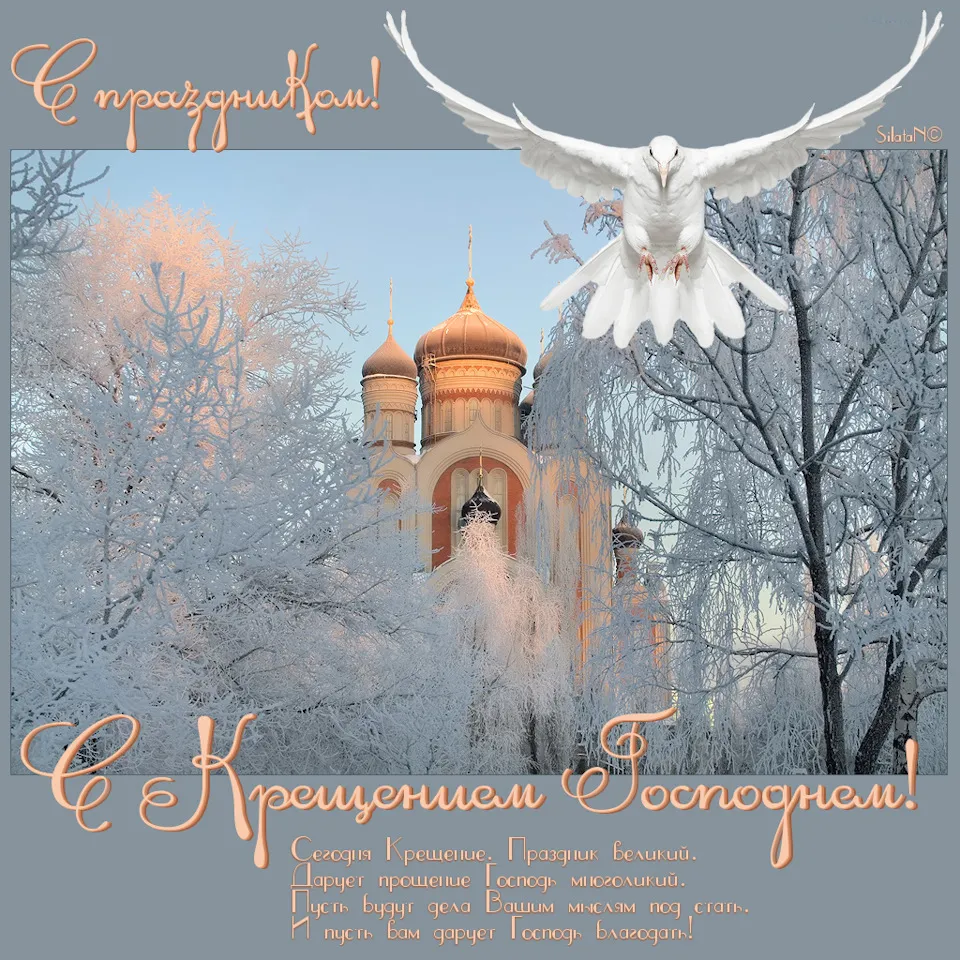 Открытка Крещение Господне - Зимние поздравления: открытка с храмом и голубем | Красивая открытка #39