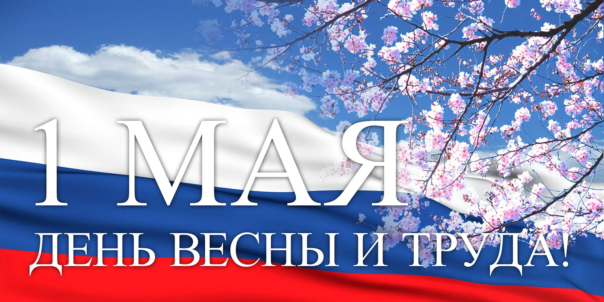 Открытка 1 мая - День труда: весенний фон с цветами и флагом | Красивая открытка #284