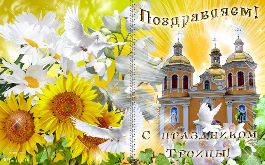 Открытка Троица - Открытка с подсолнухами, голубями и храмом | Красивая открытка #139