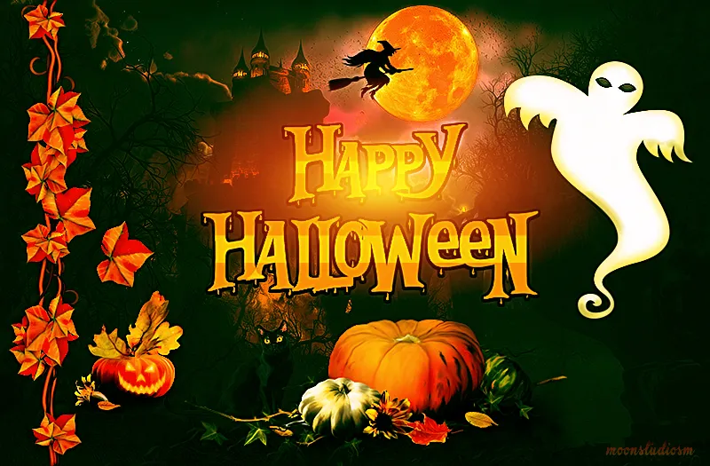 Открытка Хэллоуин - Тыквы, призрак и ведьма на фоне луны - Halloween | Красивая открытка #81