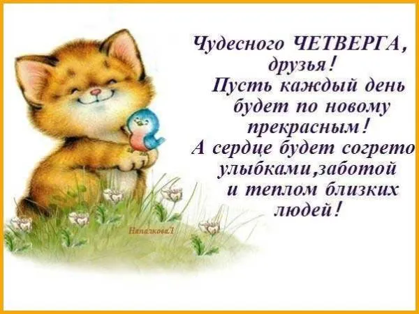 Открытка Открытки на четверг - Открытка с котенком и птичкой  Симпатичная иллюстрация | Красивая открытка #168