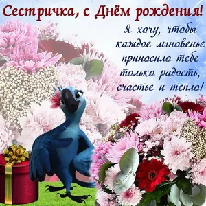 Открытка С днем рождения для сестры - Открытка с синим ара с цветами и подарком | Красивая открытка #40