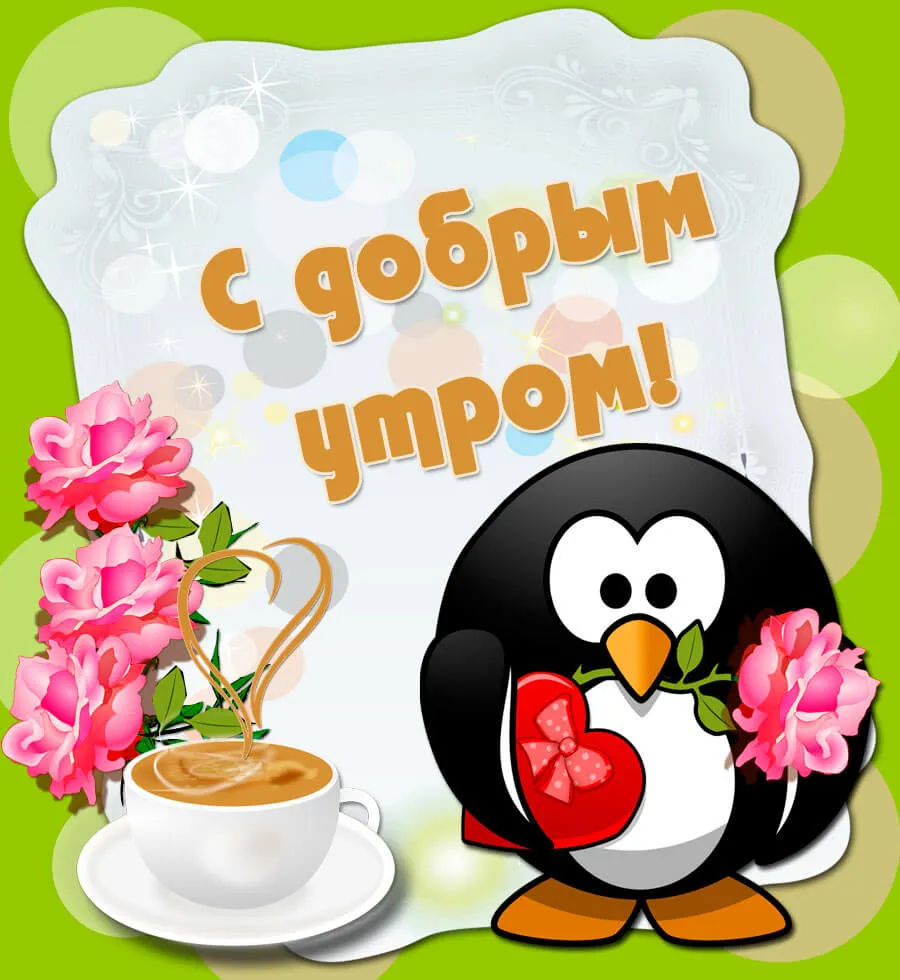 Открытка Доброе утро - Открытка с пингвином и цветами | Красивая открытка #480