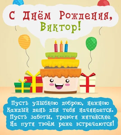 Открытка открытки с именем Виктор - Открытка с Днём Рождения: Весёлый торт и подарки | Красивая открытка #81