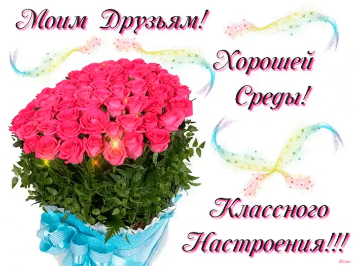 Открытка Со средой - Букет роз в синей бумаге. Праздничная открытка. | Красивая открытка #47
