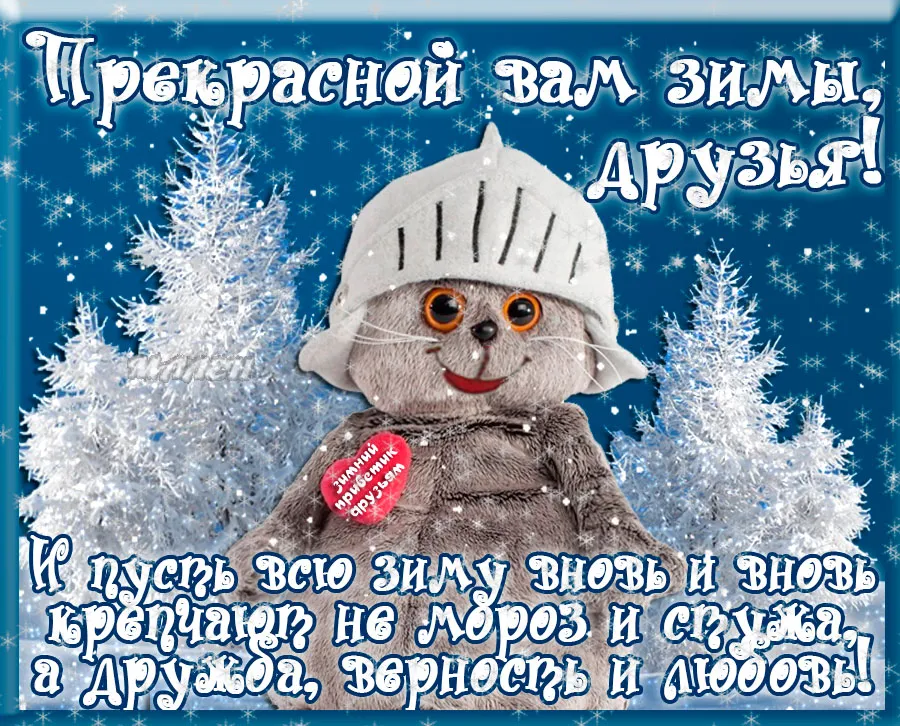 Открытка времена года - Снежный кот: Новогодняя открытка с милым котом | Красивая открытка #75