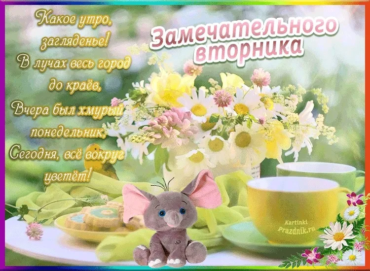 Открытка Доброе утро вторник - С Днем Рождения! Милый слоненок и цветы. Открытка! | Красивая открытка #24