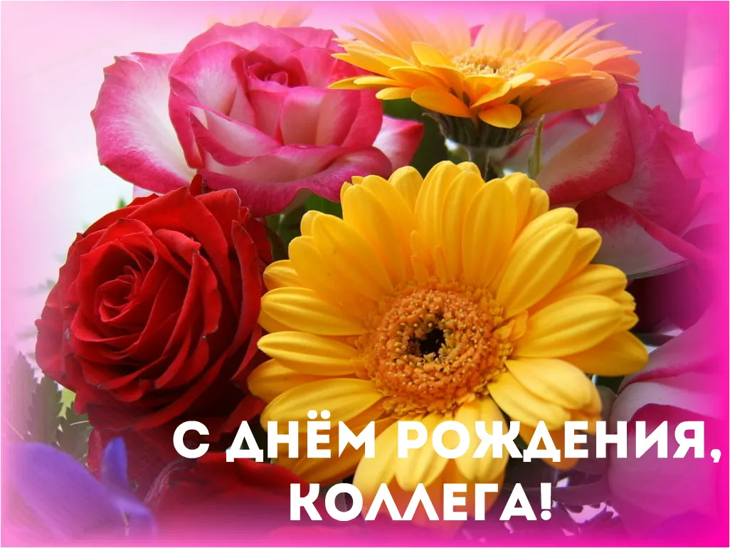 Открытка С Днём рождения коллеге - Открытка с цветами: розы и герберы | Красивая открытка #16