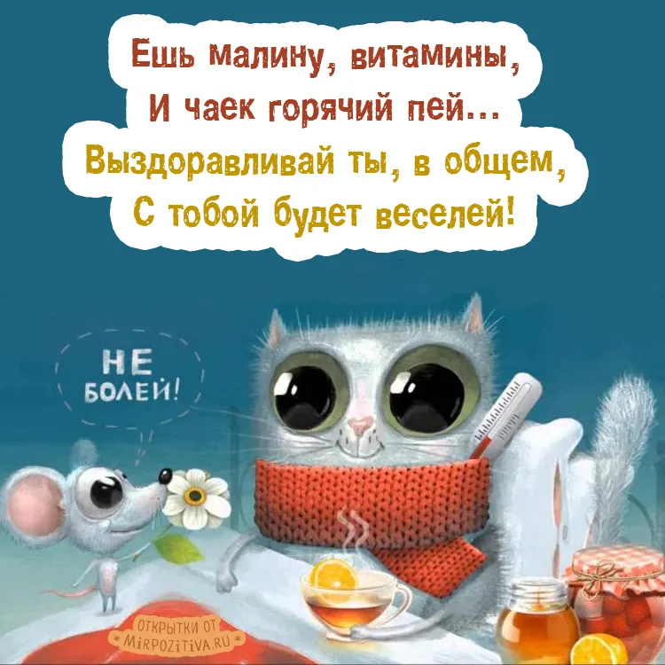 Открытка Скорейшего выздоровления - Открытка с мышкой и чаем: выздоравливай! | Красивая открытка #12