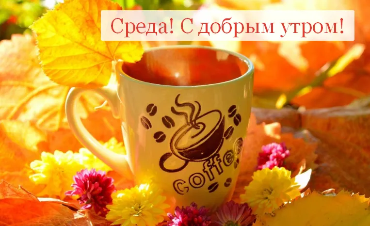 Открытка Доброе утро среда - Осенняя открытка с кофе и цветами  Поздравления | Красивая открытка #29