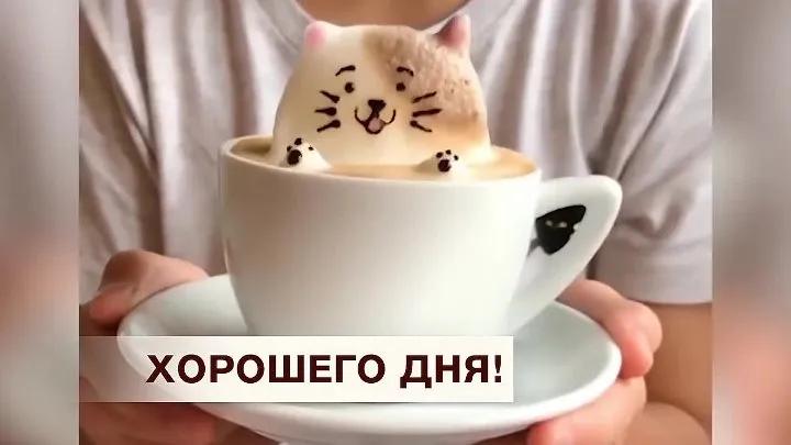 Открытка добрый день - Кофе латте с котиком — открытка | Красивая открытка #126