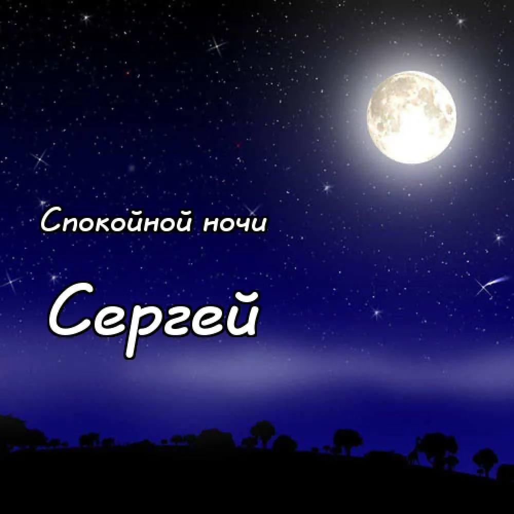 Открытка Открытки с именем Сергей - Ночная открытка: луна, звезды, силуэт деревьев | Красивая открытка #51