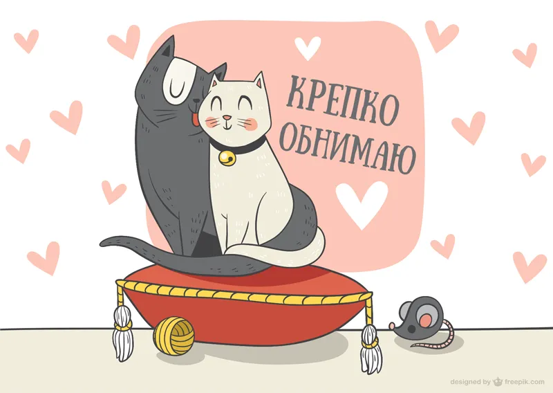 Открытка Обнимаю - Две кошки на подушке: открытка с милыми котами | Красивая открытка #20