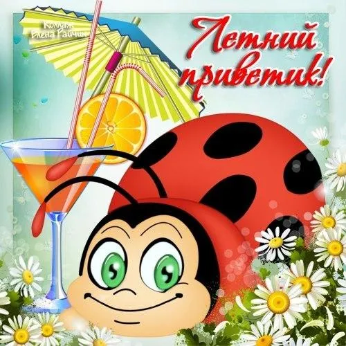 Открытка Про лето - Открытка: божья коровка, цветы, коктейль | Красивая открытка #5