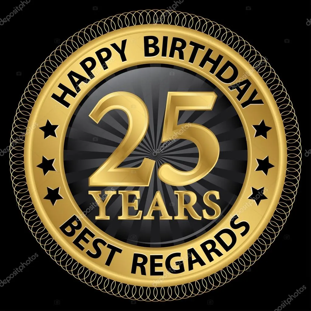 Открытка Открытки на 25 лет - Золотая открытка с надписью "Happy Birthday" и цифрой "25" | Красивая открытка #128