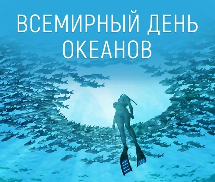 Открытка Всемирный день океанов - Открытка с дайвером и стаей рыб | Красивая открытка #8