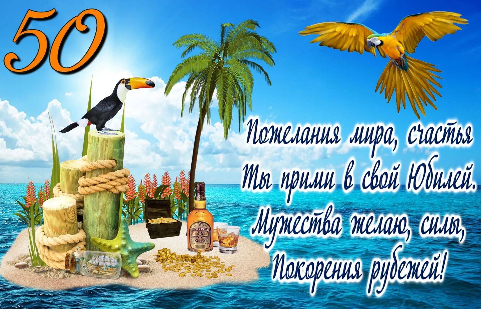Открытка Открытки на 50 лет - Открытка с попугаем, сокровищами и тропиками | Красивая открытка #196