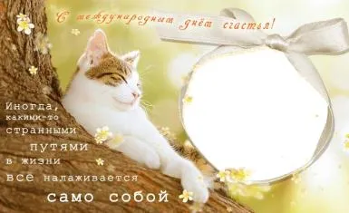 Открытка с днём счастья - Открытка с котенком на дереве и лентой | Красивая открытка #52