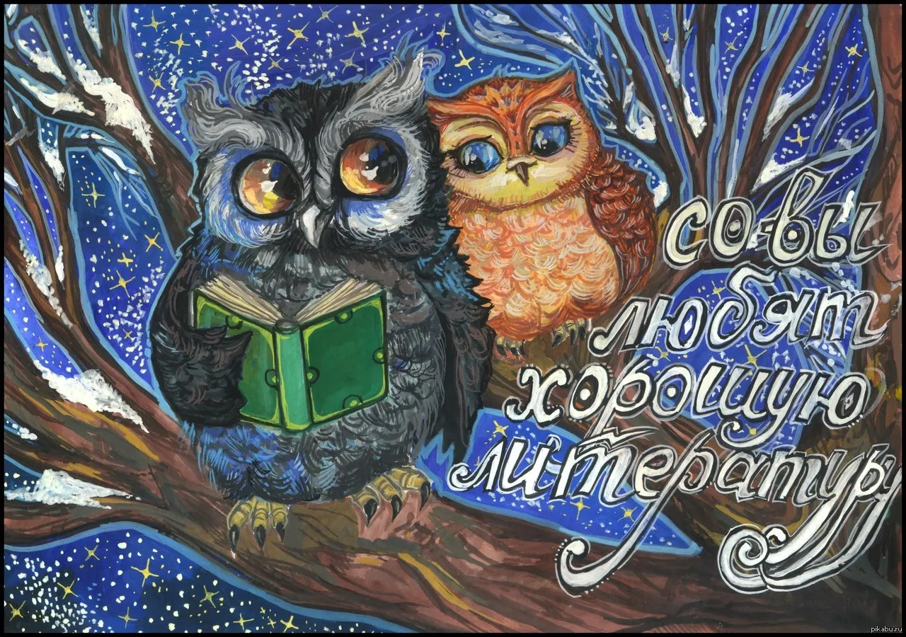 Открытка С совами - Две совы с книгой на дереве  Праздничная открытка | Красивая открытка #8