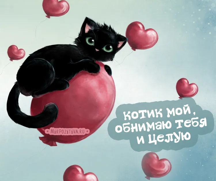 Открытка Обнимаю - Открытка с чёрным котом и шарами. Приветствие. | Красивая открытка #15
