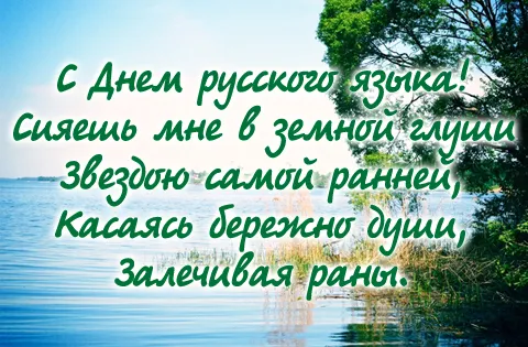 Открытка День русского языка - Вид озера, деревья, отражение света. | Красивая открытка #50