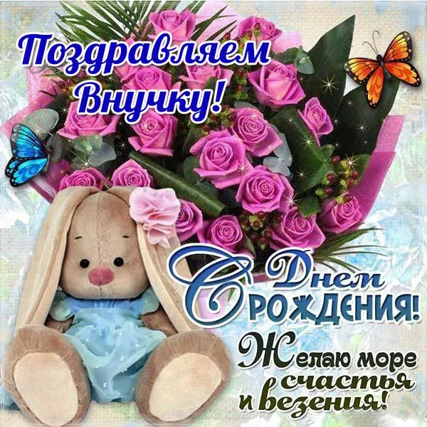 Открытка С днем рождения внучка - Открытка с днем рождения: кролик, розы и бабочки | Красивая открытка #6