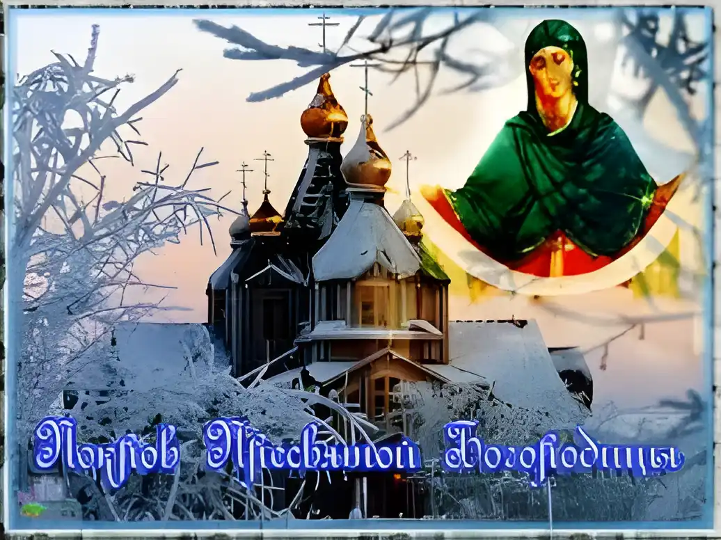 Открытка открытки на Покров Пресвятой Богородицы - Зимняя открытка: церковь, снег, икона Богородицы | Красивая открытка #115