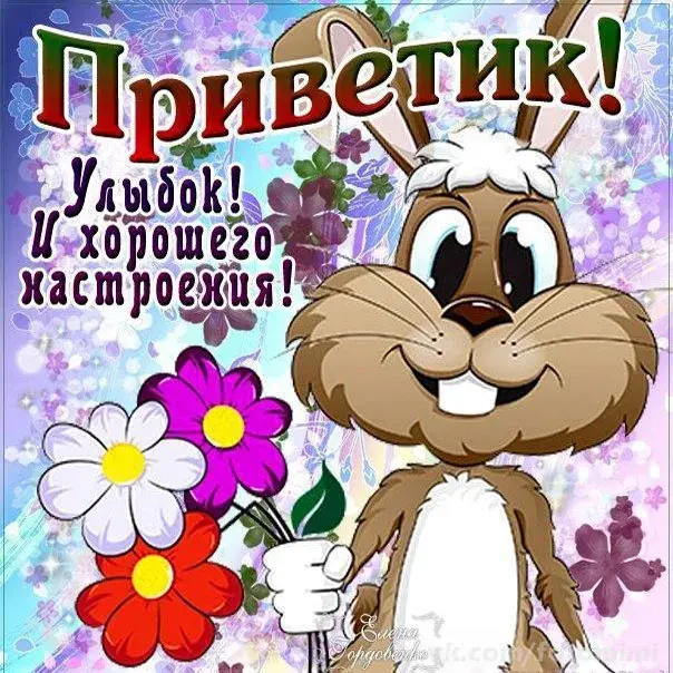 Открытка Привет - Открытка с зайчиком и цветами | Красивая открытка #304