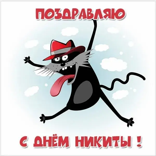 Открытка Открытки с именем Никита - Открытка с прыгающим котом в шляпе | Красивая открытка #180