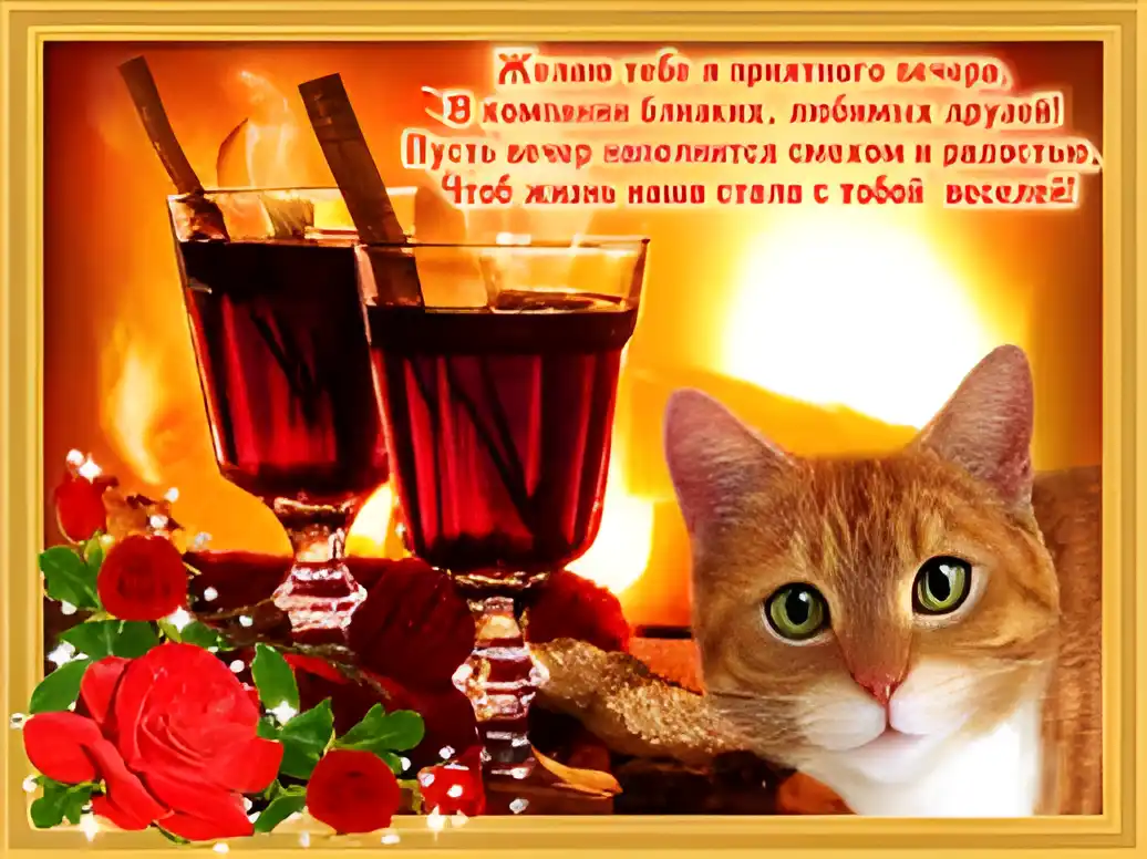Открытка Хорошего вечера - Открытка: Бокалы вина, розы, кот, камин | Красивая открытка #124