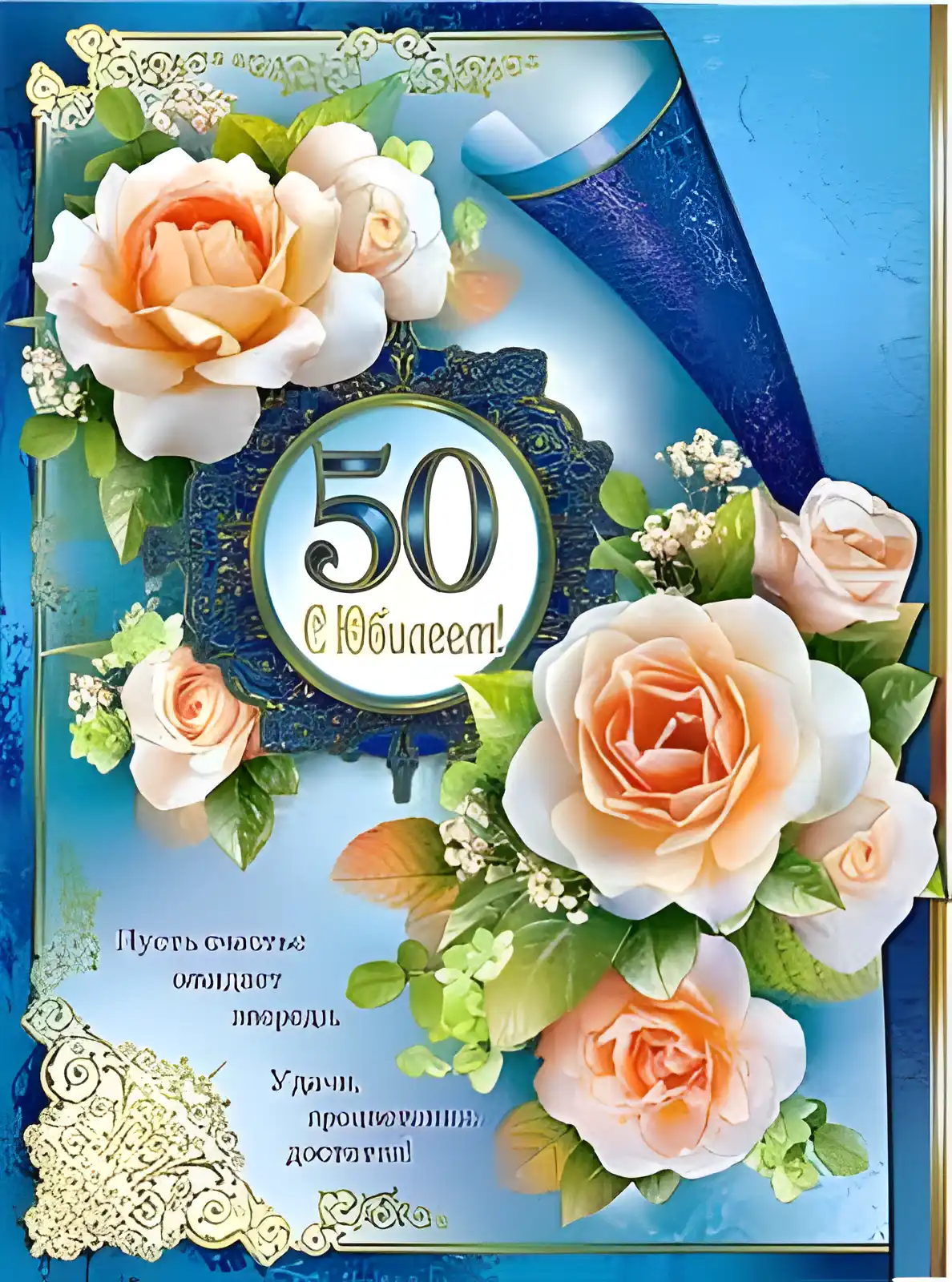 Открытка Открытки на 50 лет - Открытка с юбилеем: 50 лет — розы и голубой фон | Красивая открытка #36